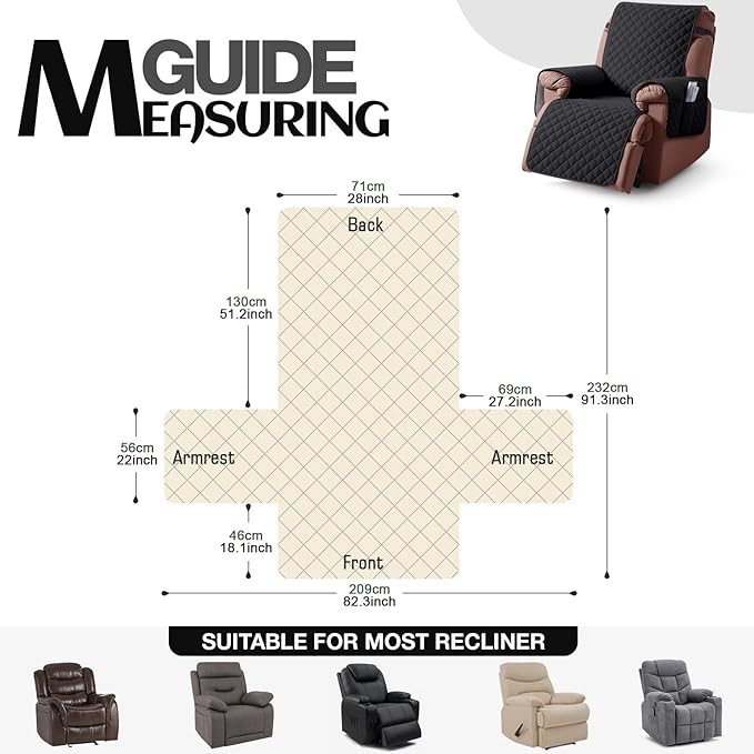 KinCam 100% Waterproof Recliner Chair Cover, Reclining Couch Covers for Pets, Dogs, Recliner Couch Slipcover Furniture Protector with Elastic Straps for Kids(28", Black)