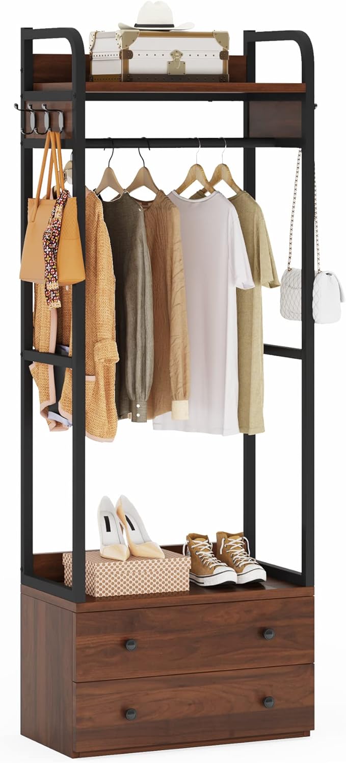 Tribesigns Freestanding Closet Organizer Small Clothes Rack Coat Rack with Drawers and Shelves, Heavy Duty Small Garment Rack Industrial Hall Tree for Hallway, Entryway, Bedroom