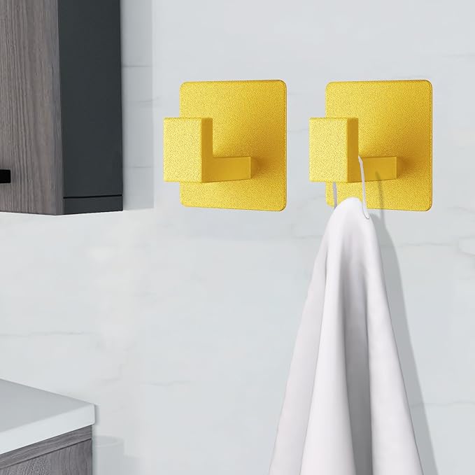 VAEHOLD 6PACK Adhesive Towel Hooks, Heavy Duty Wall Hooks Aluminum Black Hooks for Hanging Coat, Hat, Towel, Robe, Clothes, Shower Hook for Door, Office, Kitchen, Bathroom (Gold)