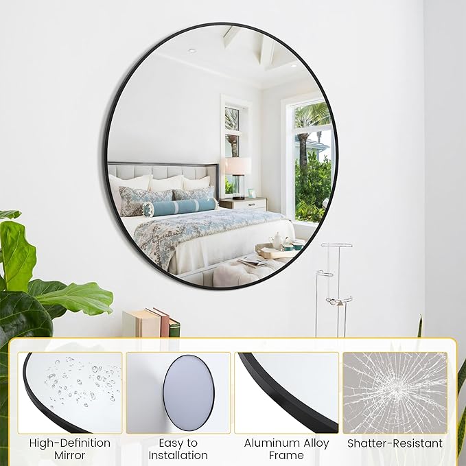 18 in Round Mirror for Wall, Black Metal Frame Circle Mirror, Round Bathroom Mirror for Wall Decor, Mirror for Entryway, Vanity, Bedroom, Easy to Install