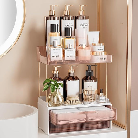 Delamu Bathroom Organizers and Storage, 2 Tier 2 Drawer Makeup Organizer Countertop, Easy to Install, Ideal for Bathroom Counter, Vanity, Ideal for Women Girls, Grapefruit