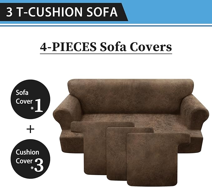 4-Pieces T Cushion Sofa Slipcovers - Leather Look Couch Cover for 3 Cushion Couch - Furniture Protector Stretch Sofa Cover With 3 Individual Seat Covers - Washable, Light Brown