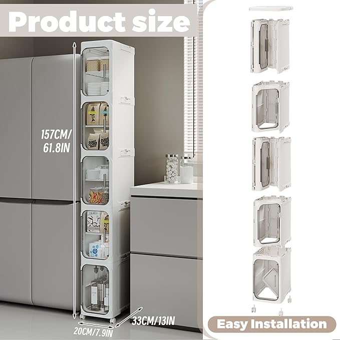 5-Tier Tall Narrow Storage Cabinet with Transparent Doors and Shelves,Plastic Slim Bathroom Organizer, Foldable Storage Cabinet for Small Space, Bathroom, Kitchen