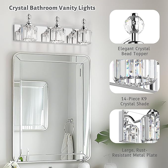 3-Light Bathroom Vanity Light - Crystal Bathroom Lighting Fixtures Over Mirror with 60w(Max) E12 Base, 42pcs Crystal Sheet, Chrome Vanity Lights for Bath Room