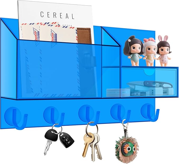 Acrylic Key Holder Wall Mount Mail Organizer for Wall with Shelf Storage Drawer and 5 Hooks, Blue