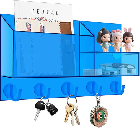 Acrylic Key Holder Wall Mount Mail Organizer for Wall with Shelf Storage Drawer and 5 Hooks, Blue