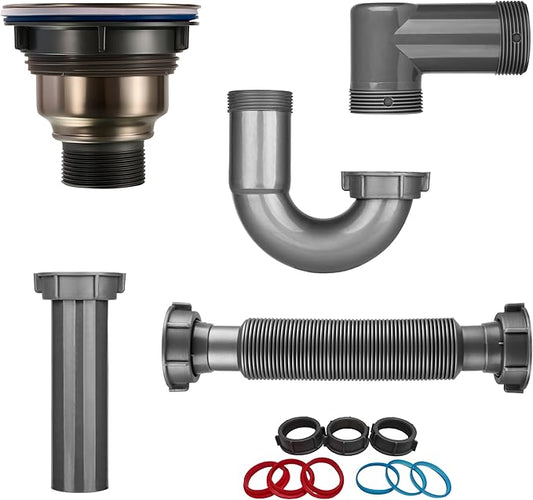 Complete Kitchen Sink Drain Kit with 3-1/2 Inch Strainer Assembly, 1-1/2" P-Trap Plumbing Pipe, Universal Flexible Drain for Wall or Floor Outlet, Includes Basket, Gaskets & Tailpiece