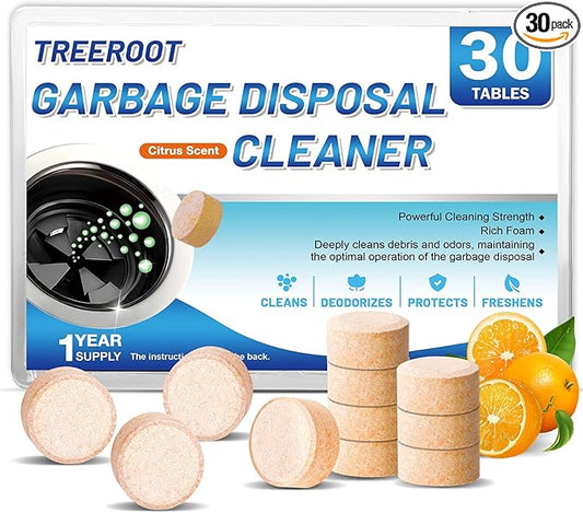 Treeroot 30 Pack Garbage Disposal Cleaner Tablets, Deodorizer, Foaming Sink Cleaner, Fresh Citrus Foaming Tablets for Garbage Disposal, Clean Kitchen Sink and Eliminate Odors, 1 Year Supply