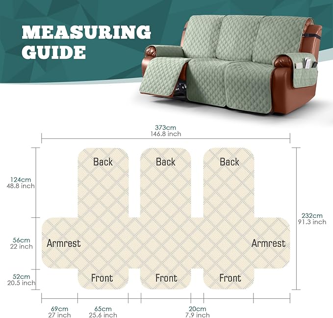 Ruaozz Waterproof Recliner Sofa Covers, 1-Piece Couch Covers for Reclining Couches Reclining Couch Cover Washable Furniture Protector with Elastic Straps Pocket for Kids Pets (Sage Green, 3 Seater)