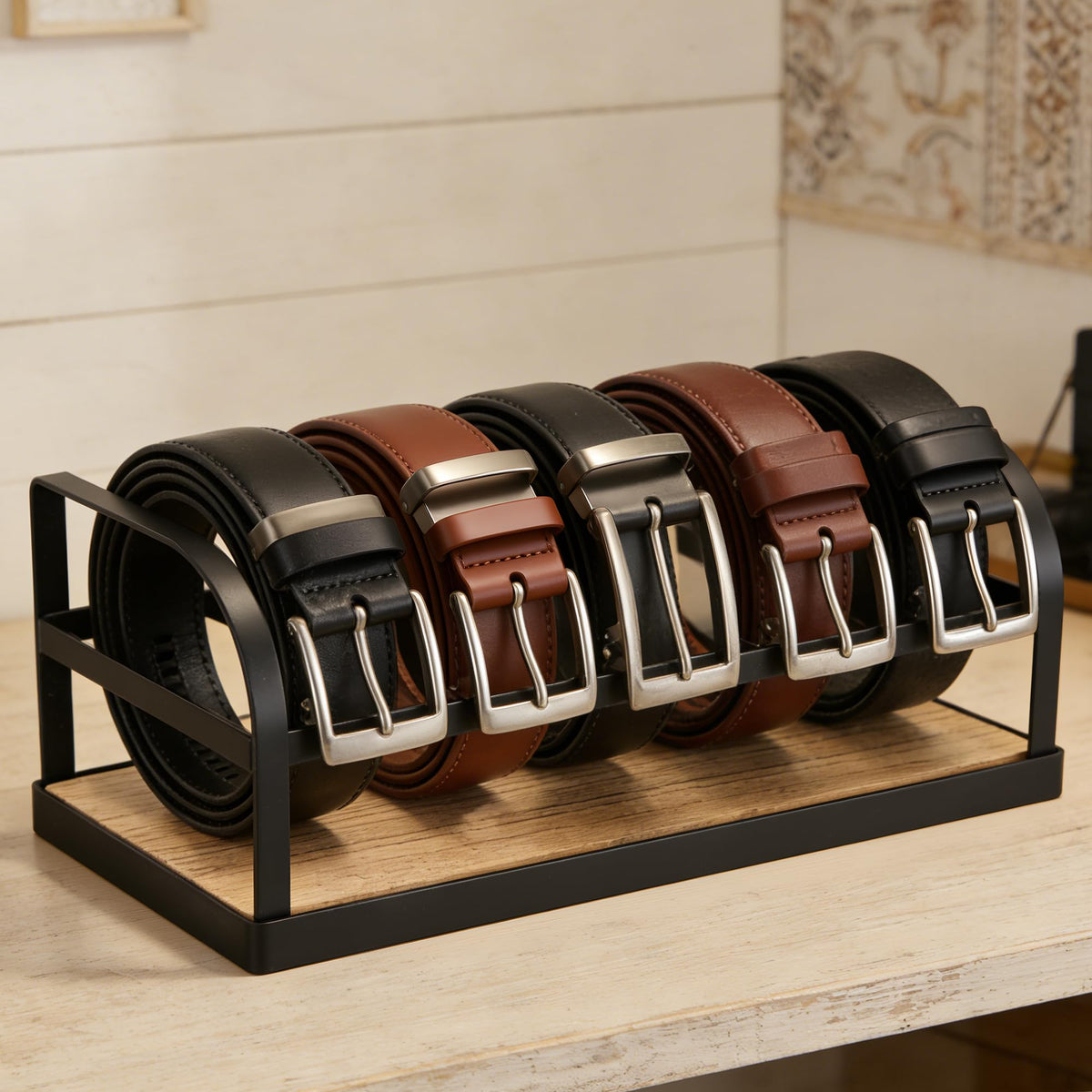 DAOYA 5-Slot Belt Organizer for Closet, Bamboo Wooden Belt Storage Rack for Dresser Drawer, Display Belts Ties Neatly, Sturdy Gift for Men