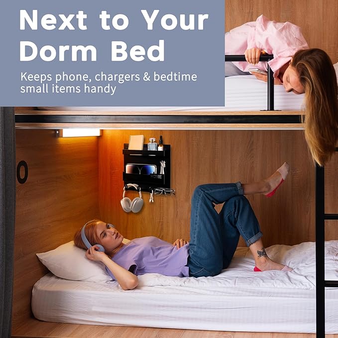 Bedside Shelf for Dorm Bed & Small Spaces - No Drill Floating Wall Organizer, Wall Mounted Bed Shelf Storage, Dorm Room Essentials for Girls, Cute Storage Decor for Bunk Bed, Small Room