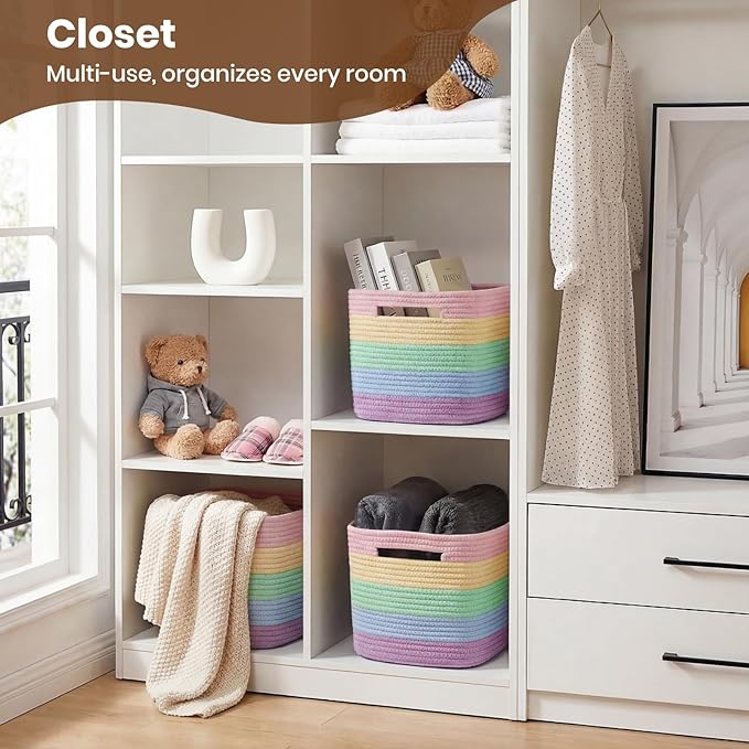 Storage Baskets for Organizing, 14 x 10 x 9” Closet Shelf Woven Baskets, Square Bins with Handles, Cotton Rope Basket for Toys, Clothes, Office, Room, Rainbow 3 Pack