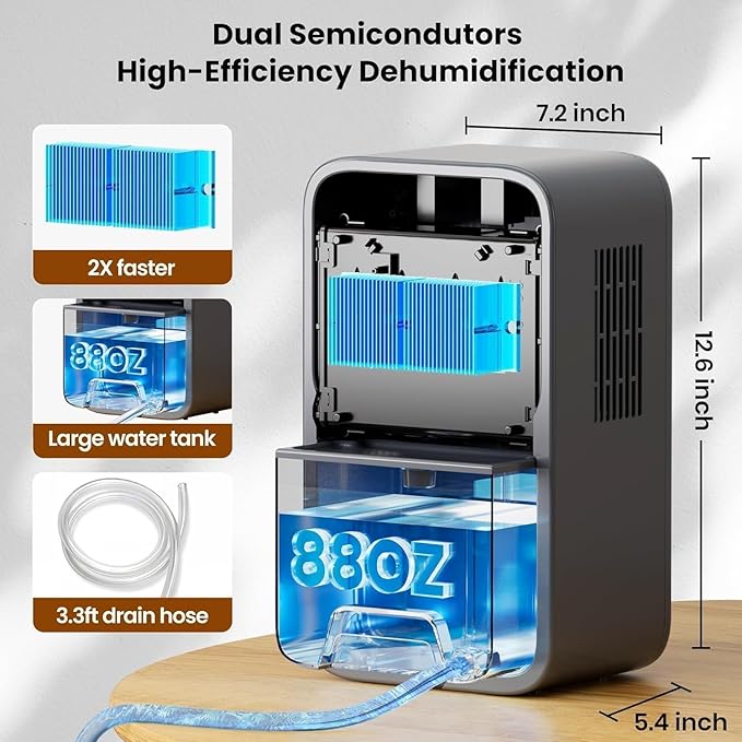 Dehumidifier(88OZ) Water Tank for Home With Drain Hose Timer（8-12-24H) Quiet Portable Small Dehumidifier with Auto Shut Off for Bedroom Bathroom Basement Kitchen RV Closet（1000Sq.ft)