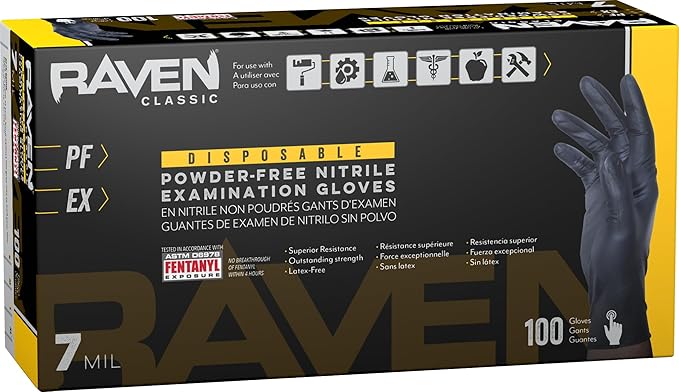 Raven Powder Free Nitrile Disposable Gloves 7 Mil - XL Latex Free, Chemical + Puncture Resistant, Textured Grip, Single Use for Automotive, Industrial, Janitorial, MRO, Food Service 66519