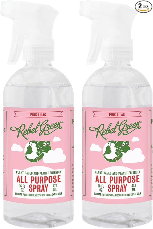 Rebel Green Natural All-Purpose Cleaning Spray - Plant-Based Multi-Surface Cleaner with Essential Oils for Kitchen, Bath, Countertops and More - Pink Lilac Scent - 16 oz - 2 Pack