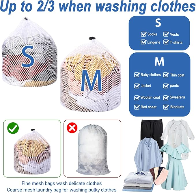 3Pcs Mesh Laundry Bags Sock Bag for Washing Machine S/M/L Washable Drawstring Laundry Net Bag for Socks Underwear Pants