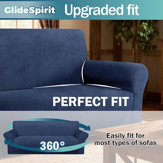 Waterproof Couch Cover, Stretch Non-Slip Sofa Slipcover with Elastic Bottom That Stays in Place - Leakproof Furniture Protector for Kids and Pets - Washable (Sofa, Navy)