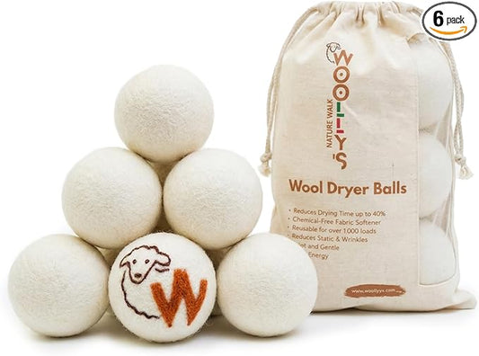 Woolly's Wool Dryer Balls – 100% Pure New Zealand Wool, Reusable Natural Fabric Softener, Reduces Drying Time & Clothes Wrinkles, Chemical-Free Dryer Balls (Pack of 6)