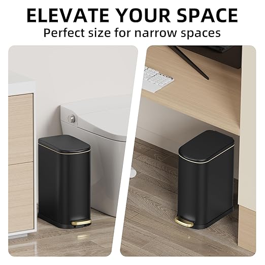 2.6 Gal Bathroom Trash Can with Soft Close Stay Open Lid, Small Rectangular 10L Stainless Steel Waste bin for Narrow Space, Waterproof, Odor Protection, Matte Black