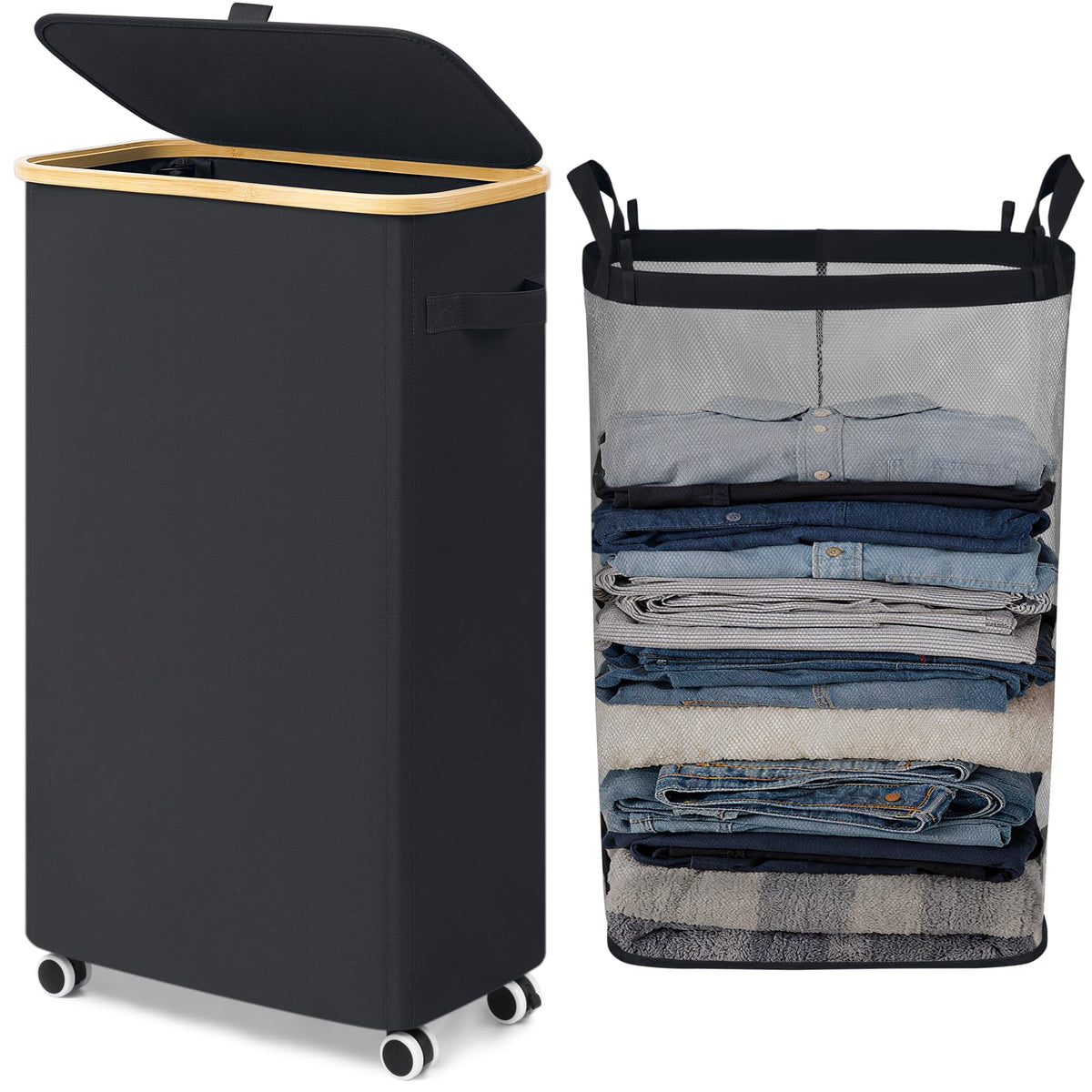 Goodpick 75L Rolling Laundry Basket with Wheels and Lid, Black - Image 1