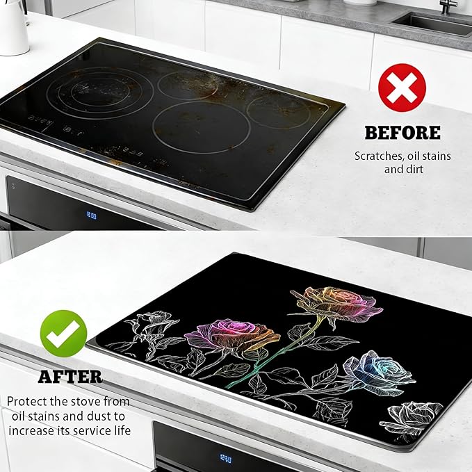 Glass Stove Top Covers for Electric Stove, Heat Resistant Counter Protector Mat, Non Slip Waterproof Surface Cover for Kitchen Counter and Cooktop (Neon Rose Trio, 28"L x 20"W)