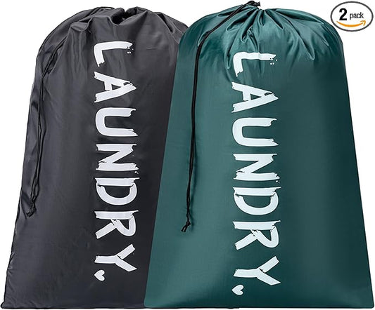 2 Pack XL Travel Laundry Bag, Machine Washable Dirty Clothes Organizer with Drawstring,Large Enough to Hold 4 Loads of Laundry, Easy Fit a Laundry Hamper or Basket Travel Essentials 24" x 36"