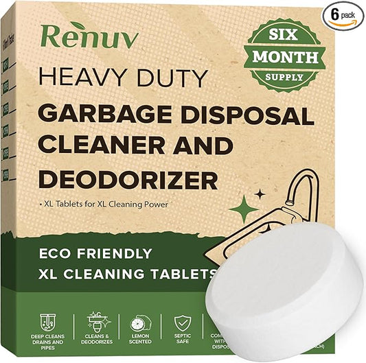 Renuv® Garbage Disposal Cleaner and Deodorizer Tablets Drain Freshener, Deodorizer, Cleaner for Garbage Disposer Cleaners (6 XL Tablets - 6 Months Supply)