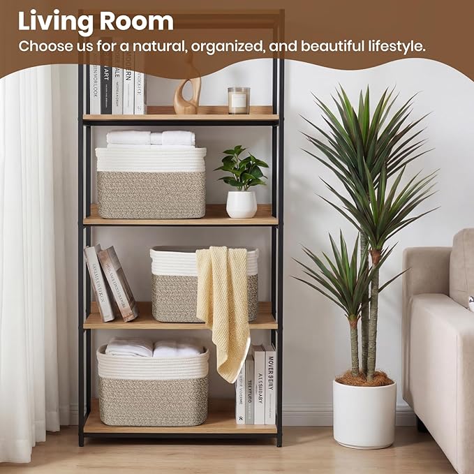 Storage Baskets for Organizing, 14 x 10 x 9” Closet Shelf Woven Baskets, Square Bins with Handles, Cotton Rope Basket for Toys, Clothes, Office, Room, White+Rice Brown 3 Pack