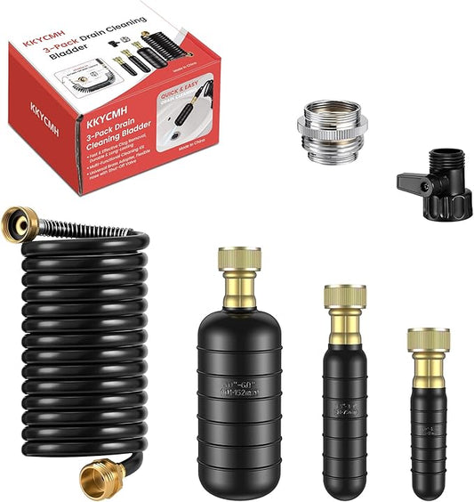 3-Pack Drain Cleaning Bladder Kit, Water-Powered Clog Remover for 1″–6″ Straight Pipes, 10FT Hose with Shut-Off Valve & Brass Faucet Adapter, Ideal for Floor Drains, Cleanouts & Main Lines