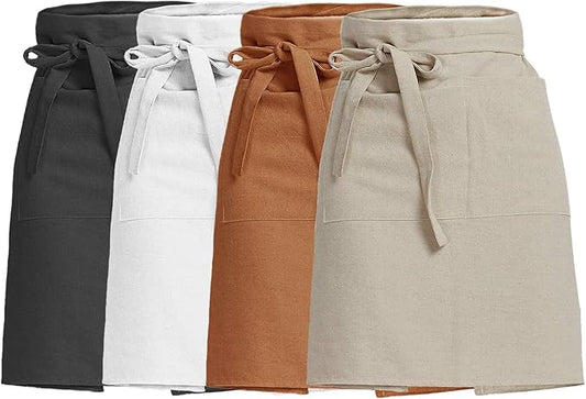 Cityelf Linen Server Apron Cotton Bistro Half Apron with Large Pockets Waist Kitchen Apron for Cooking Waitress