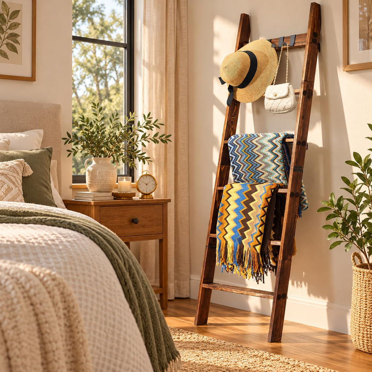 Wooden Blanket Ladder for Living Room 6-Tier, Decorative - Image 1
