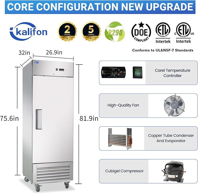 27" Reach-in Commercial Freezer with 2 Solid Door & 4 Shelves, 23 Cu.ft Stainless Steel Freezer Fan Cooling Freezer for Restaurant, Bar, Home, Shop, and Business