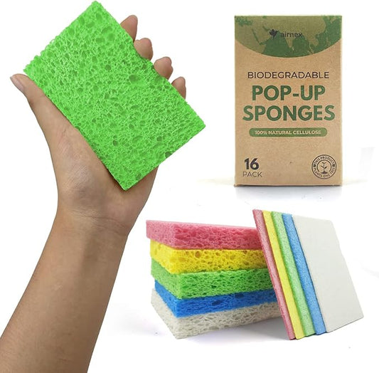 Compressed Cellulose Sponges - 16 Pack Natural Pop Up Dish Sponge for Kitchen - Compostable Plant-Based Cleaning Sponges Bulk – Non Scratch Natural Sponge for Dishes & Household Cleaning