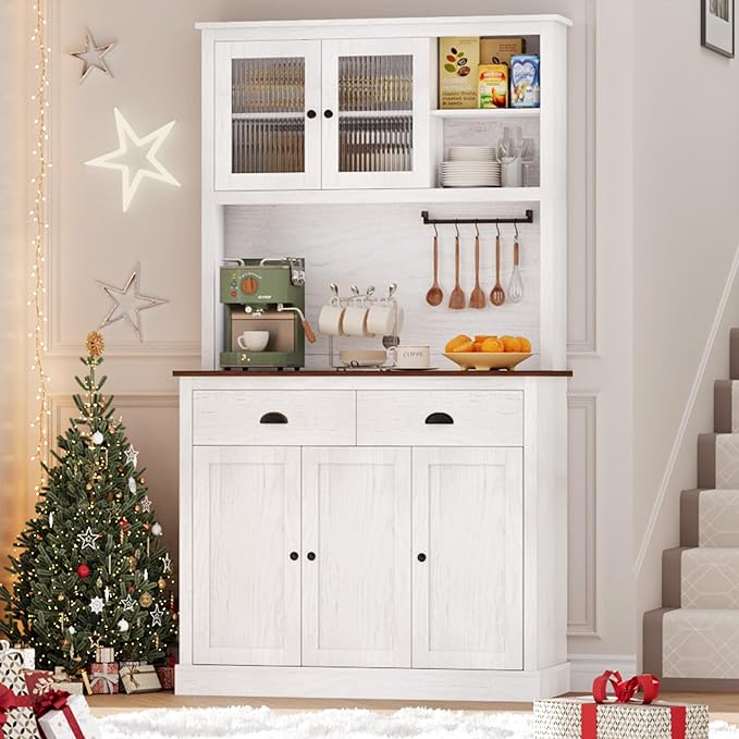 GarveeHome Kitchen Pantry Storage Cabinet, 71 in Tall Wood Pantry with Microwave Stand, Modern Kitchen Hutch Cabinet, Coffee Bar Hutch with Wine Rack for Dining Room, Living Room, White