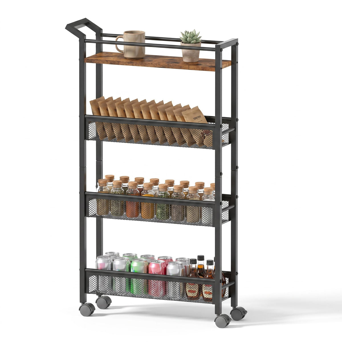4 Tier Slim Rolling Storage Cart, 5.1 Inch Wide Narrow Storage - Image 1