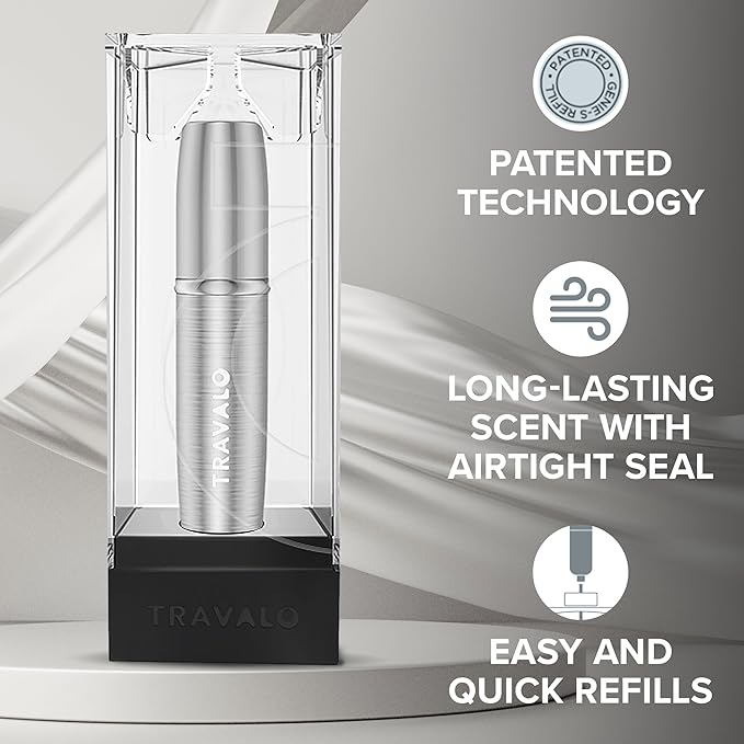 Travalo LUX Perfume Atomizer - Leak-Proof and TSA Approved for Air Travel - Reusable Airtight Easy Fill Mini Pump Sprayer - Lightweight Portable - Brushed Polished Metal Alloy Outer Shell - Silver