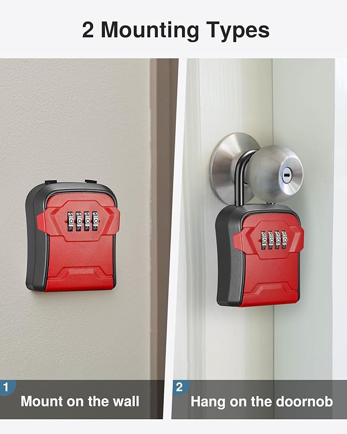 Puroma Lock Box, Key Lock Box Wall Mount & Portable Combination Lockbox with Resettable Code, Security Lockbox for Outside House Keys, Apartment Realtors Spare Keys Storage (1 Pack, Red)
