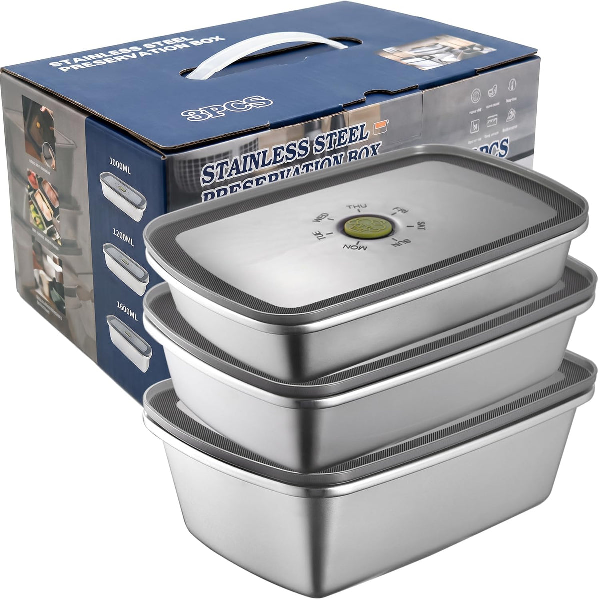 3-Piece 304 Stainless Steel Food Storage Containers with Lids - Image 1