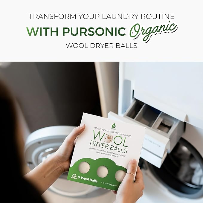 Pursonic Laundry Wool Dryer Balls 9-Pack, XL Size Made with 100% Pure New Zealand Wool - Natural Reusable Fabric Softener Balls for Drying Time & Energy Consumption - Reduces Clothing Wrinkles & Lint