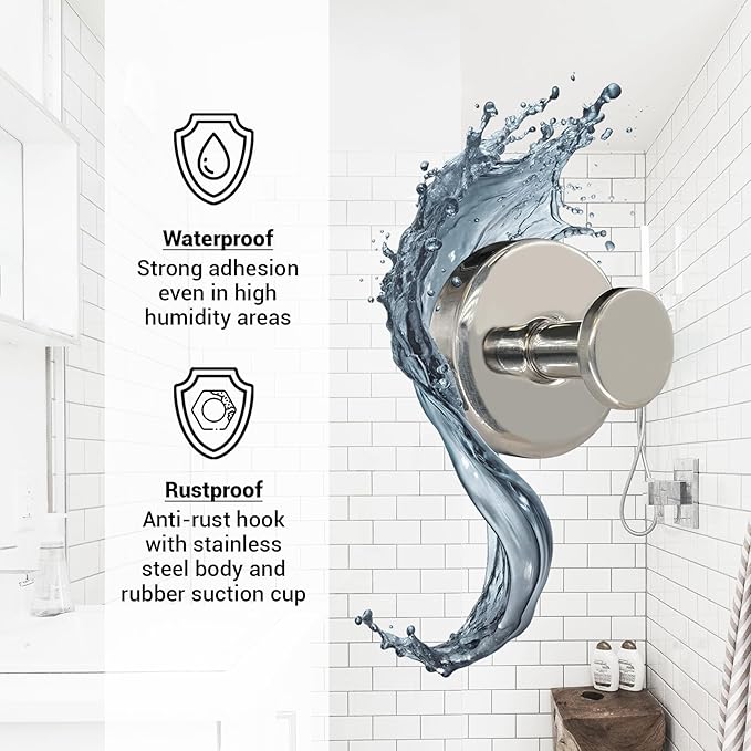Suction Cup Hooks for Shower - 2 Pack, Chrome - Stainless Steel, Strong Suction, No Drill, Removable Hanger, Tile Bathroom Kitchen Wall, Glass Door, Mirror Hook Hanging Robe, Towel Holder
