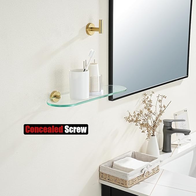 JQK Bathroom Glass Shelf Gold, Tempered Glass Shower Storage 16 by 5 inches, 304 Stainless Steel Brushed Gold Wall Mount, TGS121L16-BG