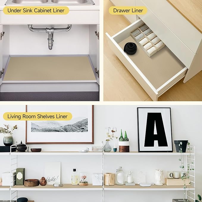 WochiTV Adhesive Shelf Liner 30 X 120 Inches Peel and Stick Kitchen Liner for Cabinets, Drawers Removable Protector Mat Waterproof Contact Covering for Dresser Pantry Countertops Shelves, Khaki