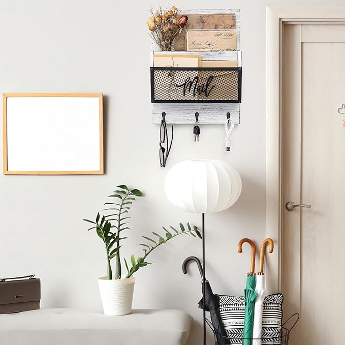Farmhouse Mail Organizer Wall Mounted Rustic Mail Holder Hanging Key Sorter with 3 Hooks Indoor Wooden Wall Mounted, Letter, Magazines, Newspapers, Keys(Classics,White Gray)