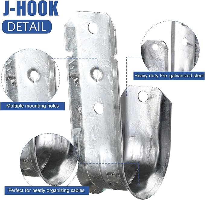 200 Pcs 2-Inch Cable Support, J Hooks Heavy Duty Galvanized Steel Cable Hook Wire Management J Hooks for Attaching Wall Mounting to Vertical Surfaces, Silver