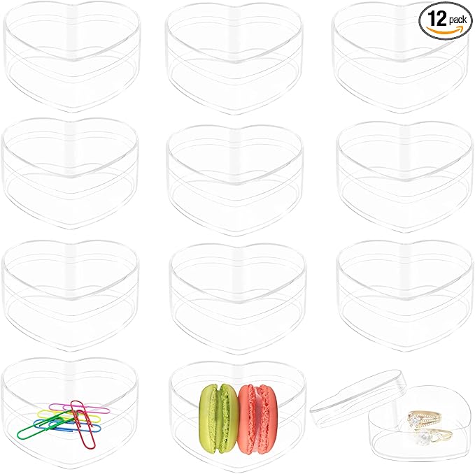 Acrylic Boxes 12 Pieces Clear Acrylic Heart Box with Lids Heart-shaped Crystal Cube Jewelry Display Storage Box for Wedding Valentine's Day Party Favor 3.4x3x1.6 Inch
