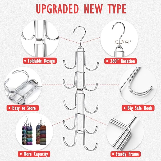 Handbags Purse Organizer for Closet: Bag Rack Hanger with 10 Big Hooks - 360° Rotation Purse Hanger for Display - Collapsible Space Saving for Handbag Belt Scarve Tie - 1 Pack Silver