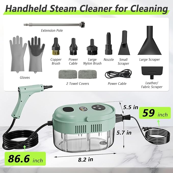 Steam Cleaner, Handheld Steam Cleaner with 6 Levels Adjustable Handle, 1.5L Water Tank, Steamer for Cleaning, Portable Steam Cleaner for Home, Car, Furniture, Couch, Bed Bugs (Green)
