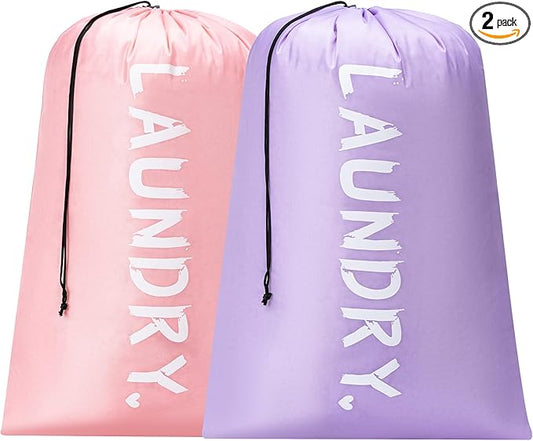 2 Pack 28" x 40"Travel Laundry Bag, Machine Washable Dirty Clothes Organizer with Drawstring,Large Enough to Hold 4 Loads of Laundry, Easy Fit a Laundry Hamper or Basket Travel Essentials