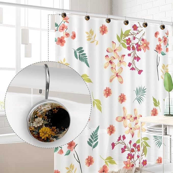 12 Packs Moon with Flowers Shower Curtain Hooks, Stainless Steel Glass Shower Curtain Rings for Bathroom Decor, Metal Rustproof Curtain Rod Hooks