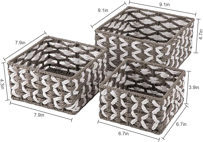 OIAHOMY Storage Baskets Paper Rope Shelf Baskets, Handwoven Small Wicker Bins for Home, Set of 3-Grey & White